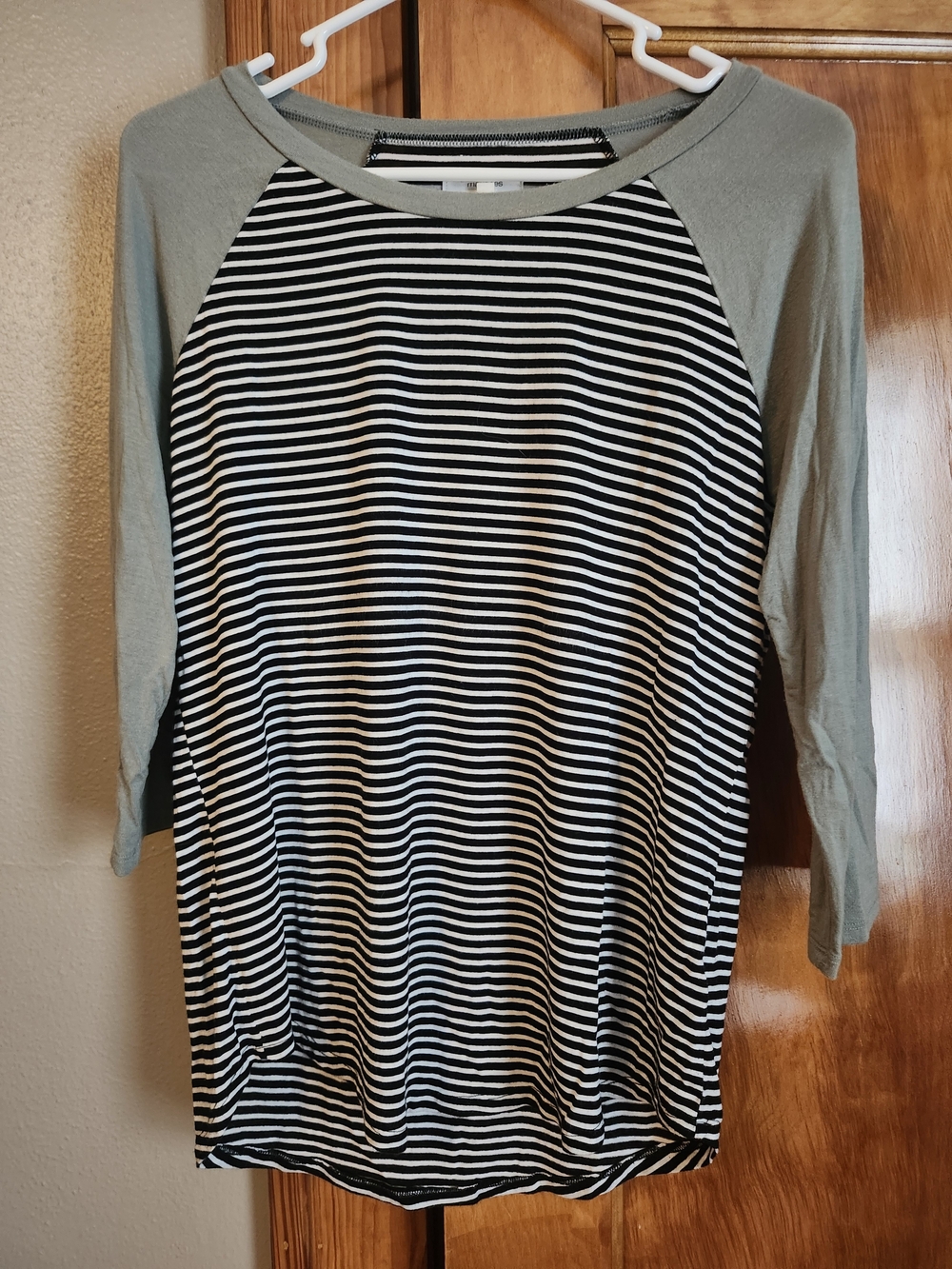 Maurices Black & White Striped Raglan Tee with Olive Sleeves